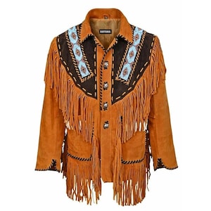 Men's Western Suede Leather Fringe Jacket with Beaded Patch Work | Cowboy Native American Style Fringed Coat
