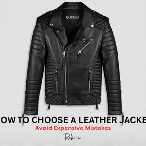 May include: Black leather jacket with quilted shoulder and elbow detailing, a notched collar, and multiple zippered pockets. The jacket has a diagonal zipper closure and the text "HOW TO CHOOSE A LEATHER JACKET" and "Avoid Expensive Mistakes".