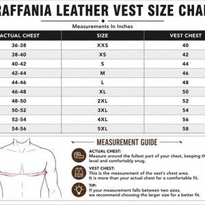 May include: A Raffania leather vest size chart with measurements in inches. The table lists actual chest sizes from 36-38 to 54-56 alongside corresponding vest sizes from XXS to 5XL and vest chest measurements from 40 to 58 inches.