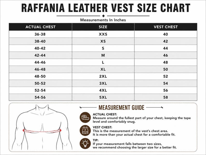 May include: A Raffania leather vest size chart with measurements in inches. The table lists actual chest sizes from 36-38 to 54-56 alongside corresponding vest sizes from XXS to 5XL and vest chest measurements from 40 to 58 inches.