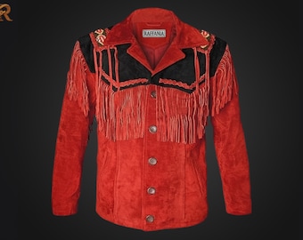 Chaqueta vaquera estilo western de ante rojo para hombre, hecha a mano: abrigo vintage con flecos y cuentas.