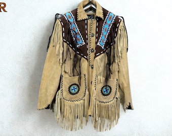 Men's Handmade Suede Leather Cowboy Jacket: Western Fringe Beaded Coat