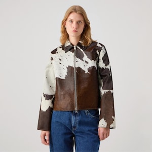 Women's Pony Skin Leather Jacket | Hair On Hide Cowhide Jacket | Genuine Leather Western Jacket | Handmade Brown White Cow Print Coat