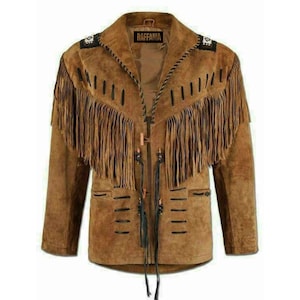 Tanbruin suèdeleren westernjack met franjes en kralen - handgemaakt Native-jack in vintage stijl