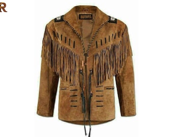 Men's Tan Brown Suede Leather Western Jacket with Fringe & Beads - Handmade Native Jacket in Vintage Style