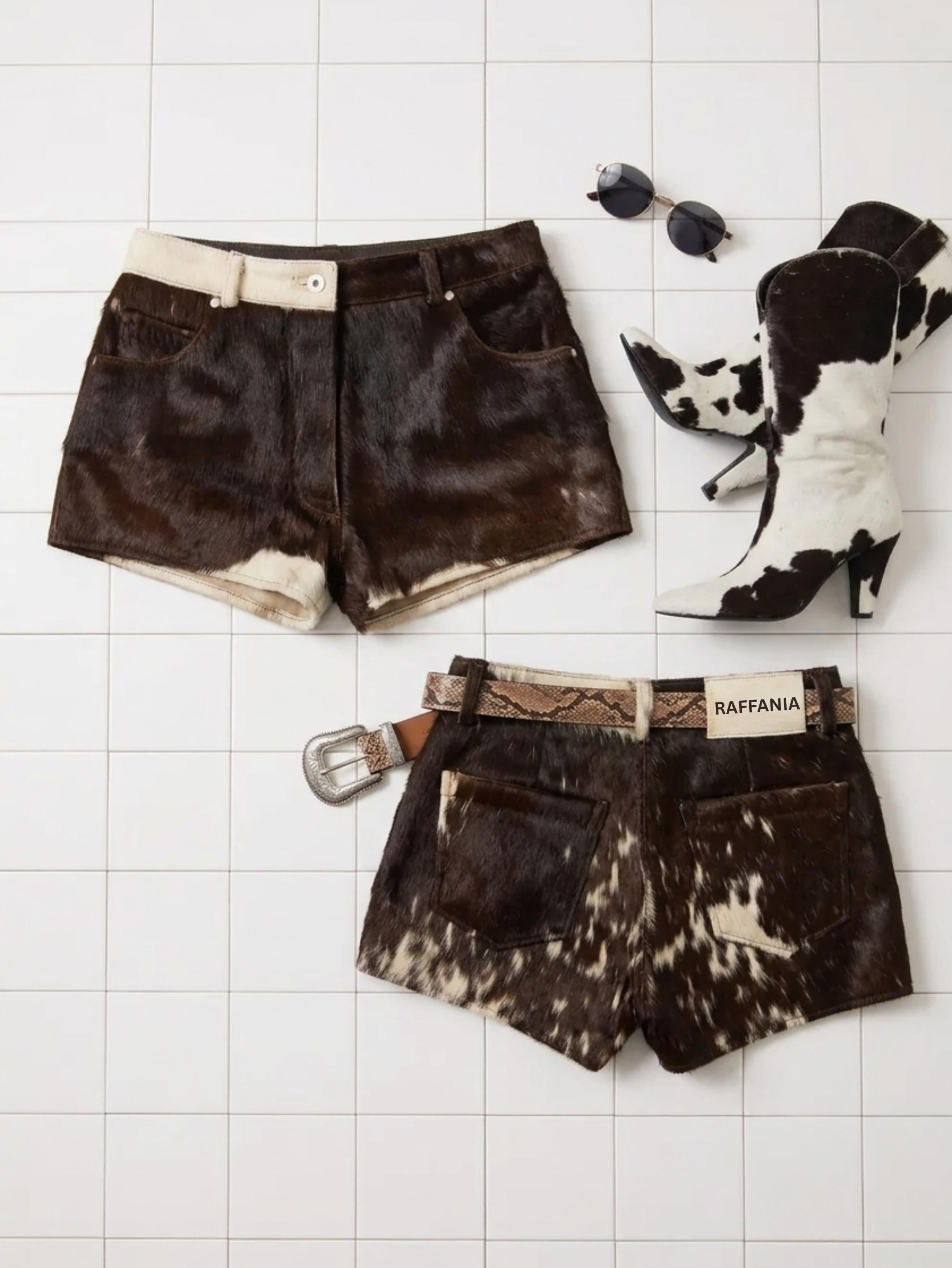 Women's Hair-On Cowhide Leather Shorts | Genuine Leather Western Rodeo Shorts | Handmade Cowboy Festival Shorts