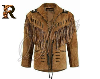 Men&#39;s Western Cowboy Suede Leather Jacket with Fringe and Beads in Traditional Vintage American Style | Handmade Buckskin Suede Leather Coat