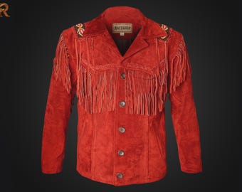 Chaqueta vaquera de ante rojo para hombre: abrigo vintage de cuero con flecos y cuentas, hecho a mano.