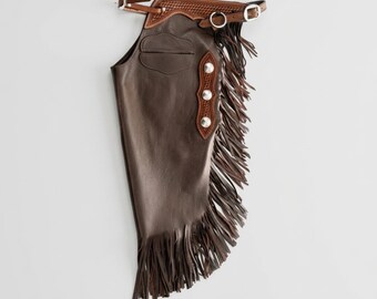 Men's Dark Brown Leather Cowboy Chinks | Handmade Western Fringe Riding Chaps | Rodeo Bull Riding Ranch Gear