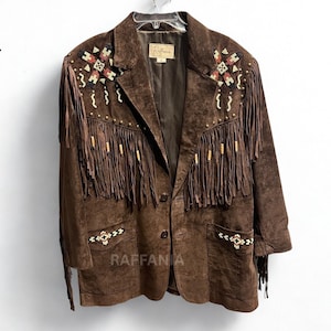 Women’s Western Brown Suede Leather Jacket | Genuine Buckskin Leather Beaded Tassel Boho Festival Wear | Vintage Cowgirl Native Jacket