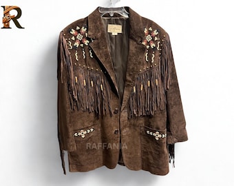Women’s Western Brown Suede Leather Jacket | Genuine Cowhide Leather Beaded Jacket | Boho Festival Wear | Vintage Cowgirl Native Jacket