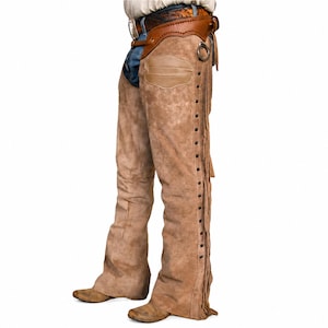 Op de afbeelding: Tan suède leren chaps met een glad leren juk met decoratieve stiksels, een metalen ringbevestiging bij de heup en lange franjes langs de buitenste beinnaden. De chaps worden gedragen over een blauwe spijkerbroek en een bruine leren riem.