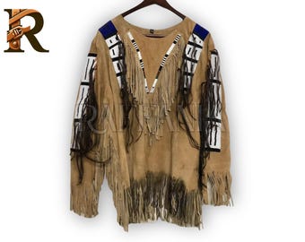 Suede Leather War Shirt: Beaded Fringe, Embroidered Western Top