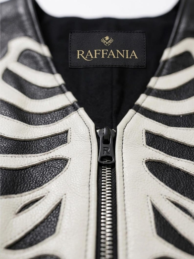 Handmade Raffania skeleton leather vest for men featuring a white ribcage bone design on premium black genuine cowhide leather.