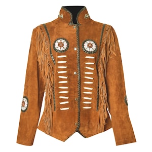 Chaqueta vaquera de ante con flecos hecha a mano para hombre / Abrigo vaquero de ante color canela / Chaqueta con cuentas y flecos para hombre / Ropa de abrigo a medida