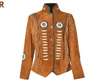 Handmade Men’s Suede Western Fringe Jacket | Tan Suede Cowboy Coat | Beaded & Fringe Men Jacket | Custom Size Outerwear