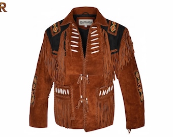 Chaqueta vaquera de ante para hombre: abrigo vaquero occidental con flecos y cuentas.