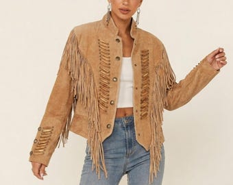 Women's Suede Fringe Jacket | Western Cowgirl Beaded Leather Coat, Boho Festival Outfit