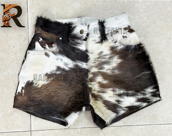 Womens Cowhide Brown Leather Shorts | Handmade Hairs on Hide Leather Shorts for Girls | Western Cowboy Hair Leather Shorts Gift For Her