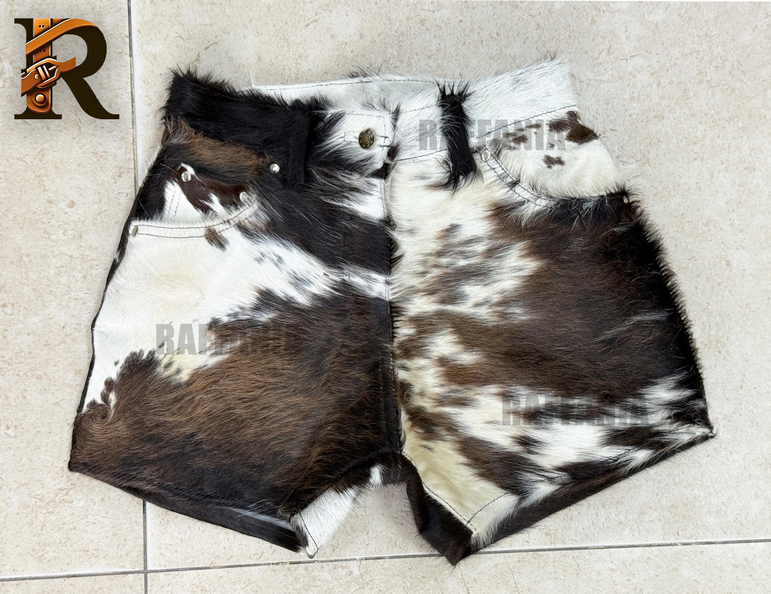 Womens Cowhide Brown Leather Shorts | Handmade Hairs on Hide Leather Shorts for Girls | Western Cowboy Hair Leather Shorts Gift For Her