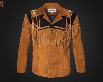 Men's Camel Brown Handmade Suede Leather Cowboy Fringes Jacket - Black Suede Leather Beaded Shoulders Jacket In Vintage Western Style