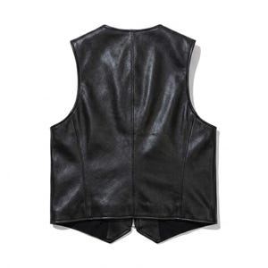 Back view of a minimalist plain black leather vest with premium stitching and tailored fit.