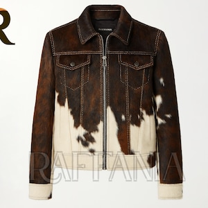 Men’s Cowhide Leather Jacket | Real Cowskin Hair-On-Hide Biker Coat | Western Rodeo Jacket for Men | Halloween Cowboy Outfit Gift For Him