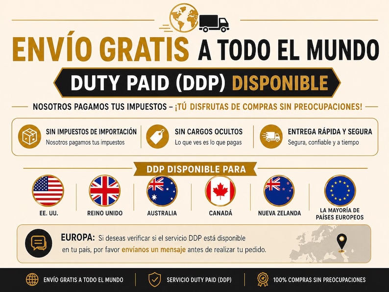 May include: An informational graphic with a cream background featuring black and gold text. It displays icons for a globe, a delivery truck, and various national flags including the US, UK, Australia, Canada, New Zealand, and the European Union.