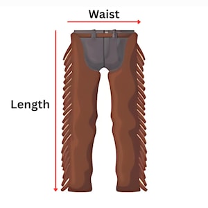 May include: Brown leather chaps featuring long fringe along the outer legs and a dark gray upper section. The garment includes a belt at the waist and red arrows indicating the measurement points for waist and length on the exterior.