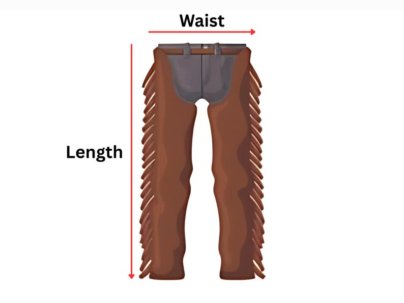 May include: Brown leather chaps featuring long fringe along the outer legs and a dark gray upper section. The garment includes a belt at the waist and red arrows indicating the measurement points for waist and length on the exterior.