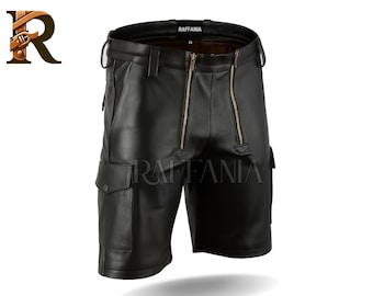 Men’s Black Leather Cargo Shorts | Genuine Leather Gym & Yoga Shorts | Summer Party Wear | Handmade Motorcycle Shorts | Best Gift for Him