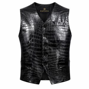 May include: A black vest with a glossy crocodile skin texture, featuring a V-neckline, five front buttons, two lower welt pockets, and one chest pocket. The interior label displays the brand name RAFFANIA in gold lettering on a black background.