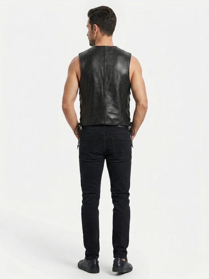 Handmade Raffania skeleton leather vest for men featuring a white ribcage bone design on premium black genuine cowhide leather.