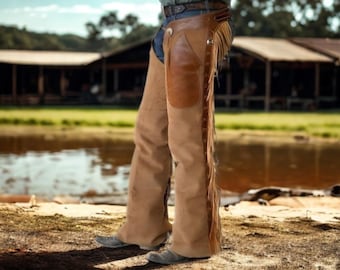 Men's Tan Suede Leather Cowboy Chaps: Handmade Western Fringe Riding Pants