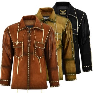 Chaqueta de gamuza con flecos para hombre / Abrigo estilo vaquero del oeste con pespuntes inspirados en la cultura nativa americana