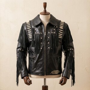 Men's Black Leather Fringe Jacket | Western Cowboy Cowhide Coat | Handmade Fringed Biker Jacket with Bone & Stud Details