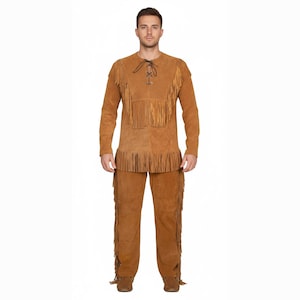 Premium Suede Fringe Western Suit: Handmade Buckskin Shirt & Pants Set for Men