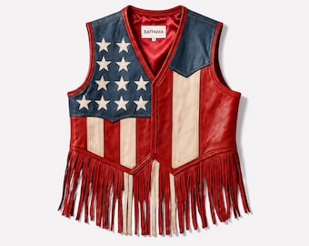 American Flag Leather Fringe Vest | Handmade Sheepskin Leather Biker Vest | USA Patriotic Western Motorcycle Vest | Men Women