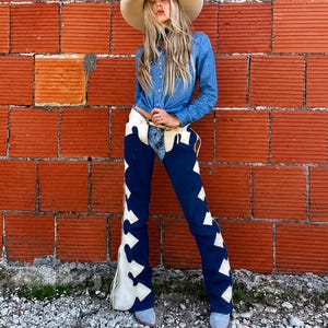 Western Leather Chaps Women, Fringe Cowboy Chaps, Blue & Ivory Rodeo Chaps, Cowgirl Riding Chaps, Handmade Leather Chinks