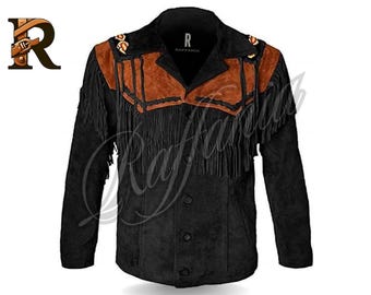 Men&#39;s Suede Leather Cowboy Jacket: Vintage Western Fringe & Beads