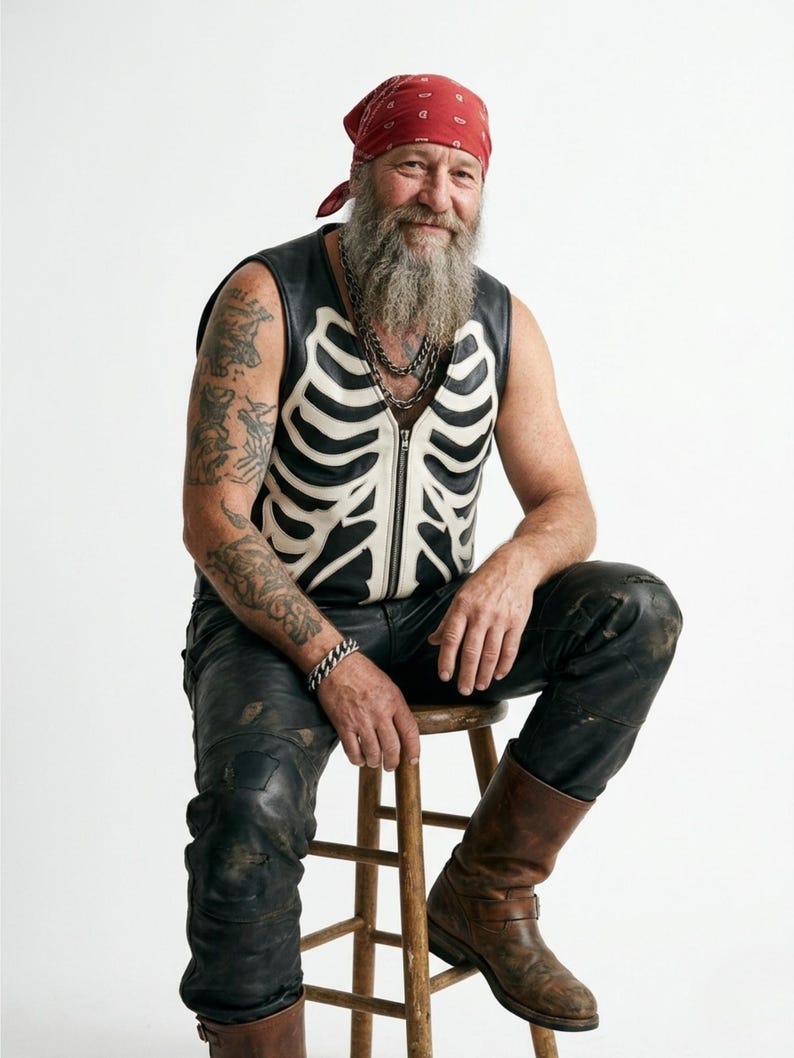 Handmade Raffania skeleton leather vest for men featuring a white ribcage bone design on premium black genuine cowhide leather.