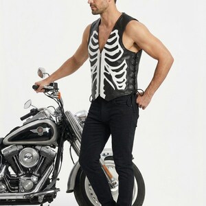 Handmade Raffania skeleton leather vest for men featuring a white ribcage bone design on premium black genuine cowhide leather.