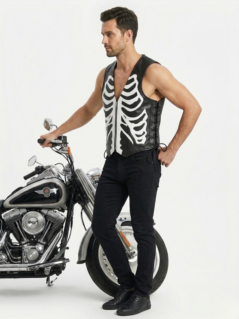 Handmade Raffania skeleton leather vest for men featuring a white ribcage bone design on premium black genuine cowhide leather.