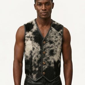 Men's Handmade Cowhide Leather Vest, Black White Hair-on-Hide Western Waistcoat