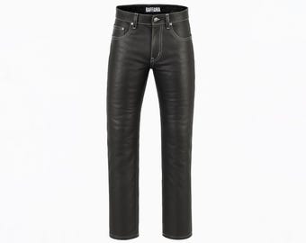 Pantalones de cuero para hombre / Pantalones de cuero auténtico negro y marrón chocolate / Pantalones de motociclista hechos a mano / Vaqueros de cuero de corte recto