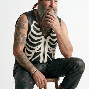 Handmade Raffania skeleton leather vest for men featuring a white ribcage bone design on premium black genuine cowhide leather.