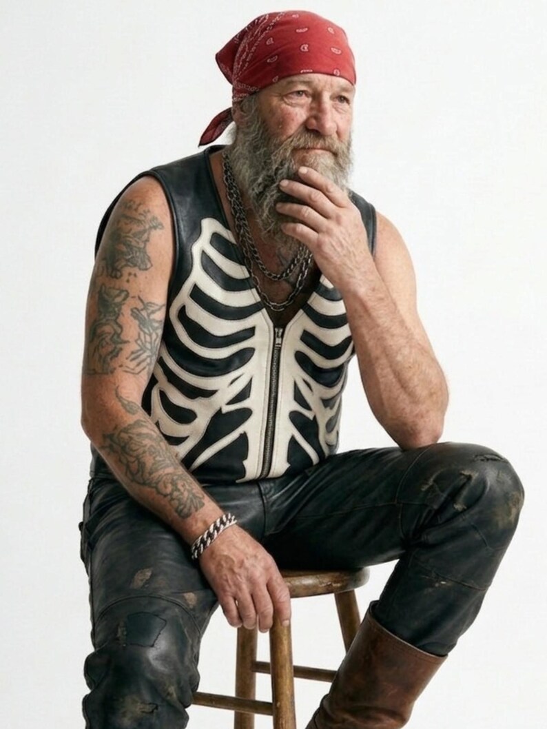 Handmade Raffania skeleton leather vest for men featuring a white ribcage bone design on premium black genuine cowhide leather.