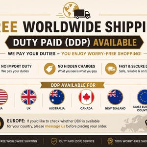 May include: An informational graphic with a cream background and dark brown text detailing shipping policies. It features icons for no import duty, no hidden charges, and fast delivery, alongside circular flags for the USA, UK, Australia, Canada, New Zealand, and Europe.