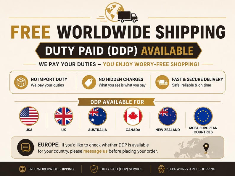 May include: An informational graphic with a cream background and dark brown text detailing shipping policies. It features icons for no import duty, no hidden charges, and fast delivery, alongside circular flags for the USA, UK, Australia, Canada, New Zealand, and Europe.
