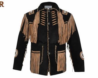 Chaqueta vaquera negra de ante hecha a mano para hombre con flecos y cuentas - Abrigo vintage de estilo nativo americano